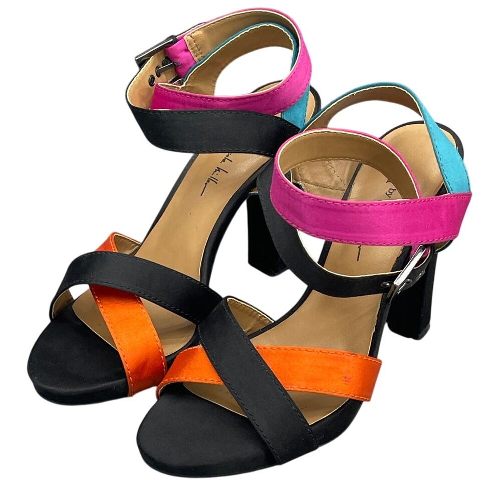 N By Nicole Miller Neon Multicolor Satin Strappy 4" Block Heel Sandal Women 8.5M